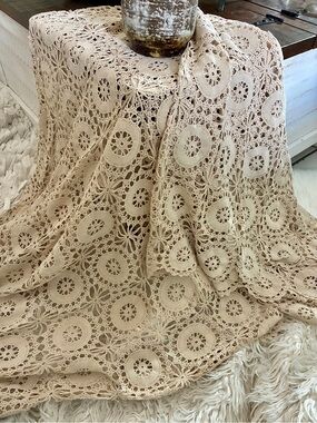 Handmade Crochet Lace tablecloth/ or throw blanket in tan 68” x 75”